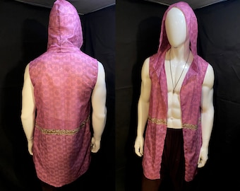 Long Hooded Vest, Pink Silk/Cotton | Festival Clothing, Menswear, Unisex, Burning Man