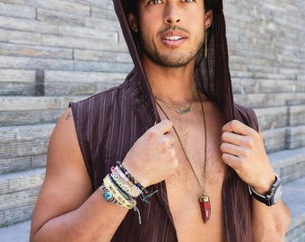 Long Hooded Vest, Brown Cotton Gauze with Gold Stripes | Natural Fibers, Festival Clothing, Menswear, Unisex, Burning Man