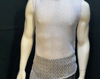 White Mesh Sleeveless Shirt | Tank Top, Muscle Shirt, Festival Clothing, Burning Man, Menswear