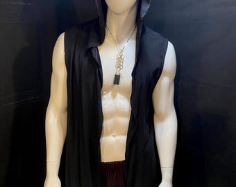 Long Black Hooded Vest | Natural Fibers, Festival Clothing, Menswear, Unisex, Burning Man