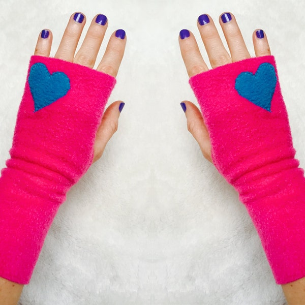 Fleece Handwarmers with Applique Turquoise Heart | Fingerless Gloves, Texting Mittens, Womens and Kids