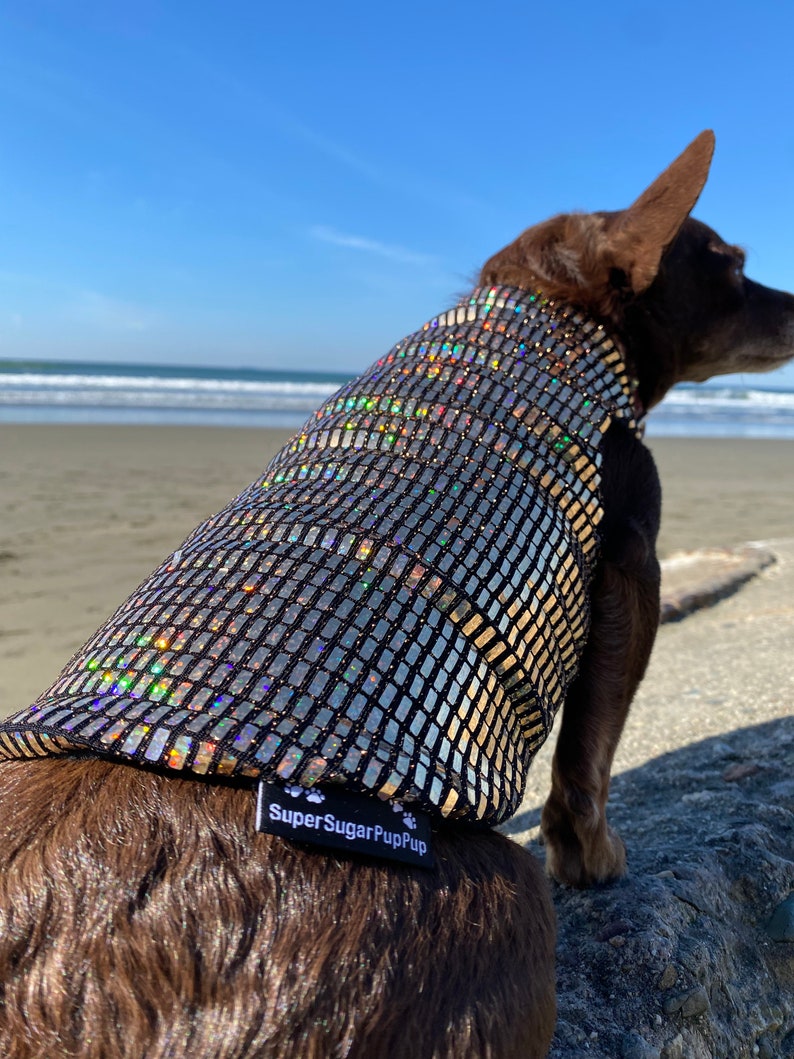 Holographic Solid Gold Disco Dog Sweater Dog Coat, Dog Jacket, Dog Jumper, Dog Fleece, Dog Clothes, Rave, Festival image 4