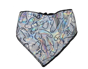 Penis Bandana, Scarf Holographic Spandex | Gay, Dicks, Cocks, Costume, Party, Rave, Hankie, Fetish, Small and Large Breeds