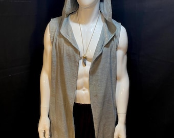 Long Hooded Linen Vest, Grey Loose Weave | Festival Clothing, Menswear, Unisex, Burning Man
