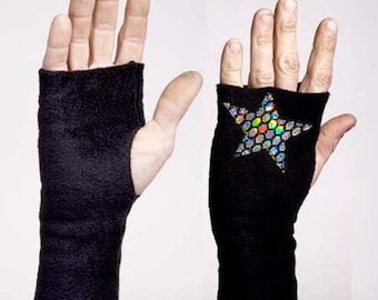 Handwarmers with Holographic Star Applique and Black Fleece | Fingerless Gloves, Texting Mittens, Men and Women