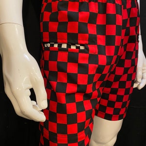Red and Black Checkerboard Shorts with Black and White Checkerboard Pockets | Elastic Waistband, Drawstring, Festival, Rave, Burning Man