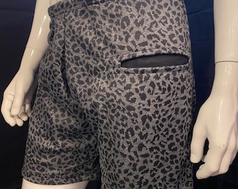 Black and Gray Leopard Print Shorts | Elastic Waistband, Drawstring, Festival, Rave, Burning Man
