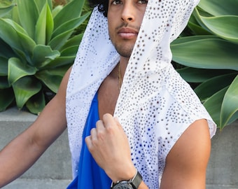 Long Hooded Vest, White Cotton with Laser Cut Holes | Natural Fibers, Festival Clothing, Menswear, Unisex, Burning Man