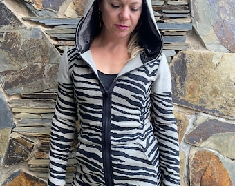 Grey Zebra Print Zipper Hoodie with Sparkle Velvet Lining | Dual Zipper, Festival, Yoga, Loungewear