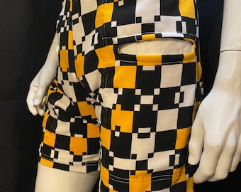 Yellow, Black and White Pixel Shorts | Elastic Waistband, Drawstring, Festival, Rave, Burning Man, Retro