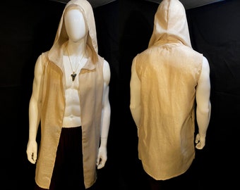 Long Hooded Linen Vest, Tan with Gold Shimmer | Festival Clothing, Menswear, Unisex, Burning Man