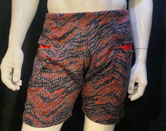 Red and Navy Abstract Shorts with Sparkle Pockets | Elastic Waistband, Drawstring, Festival, Rave, Burning Man