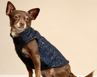 Black Holographic Sequin Dog Coat | Fleece Lined Coat, Small and Large Breeds