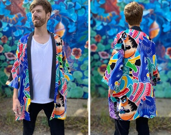 Rainbow Samurai Kimono with Denim Trim | Loungewear, Robe, Festival Clothing, Menswear, Unisex, Burning Man