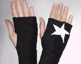 Black Fleece Handwarmers with Applique Stars | Fingerless Gloves, Texting Mittens, Men and Women