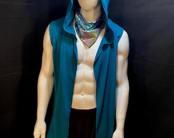 Long Hooded Linen Vest Turquoise | Festival Clothing, Menswear, Unisex, Burning Man
