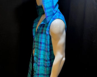 【BAON】[unisex] Loved Summer Check Hooded Vest SALE! Long Hooded Linen Vest, Blue Plaid | Festival Clothing
