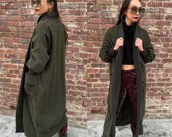 Olive Green Wool Maxi Cardigan |  Balloon Sleeve, Long Duster, Sweater, Oversize