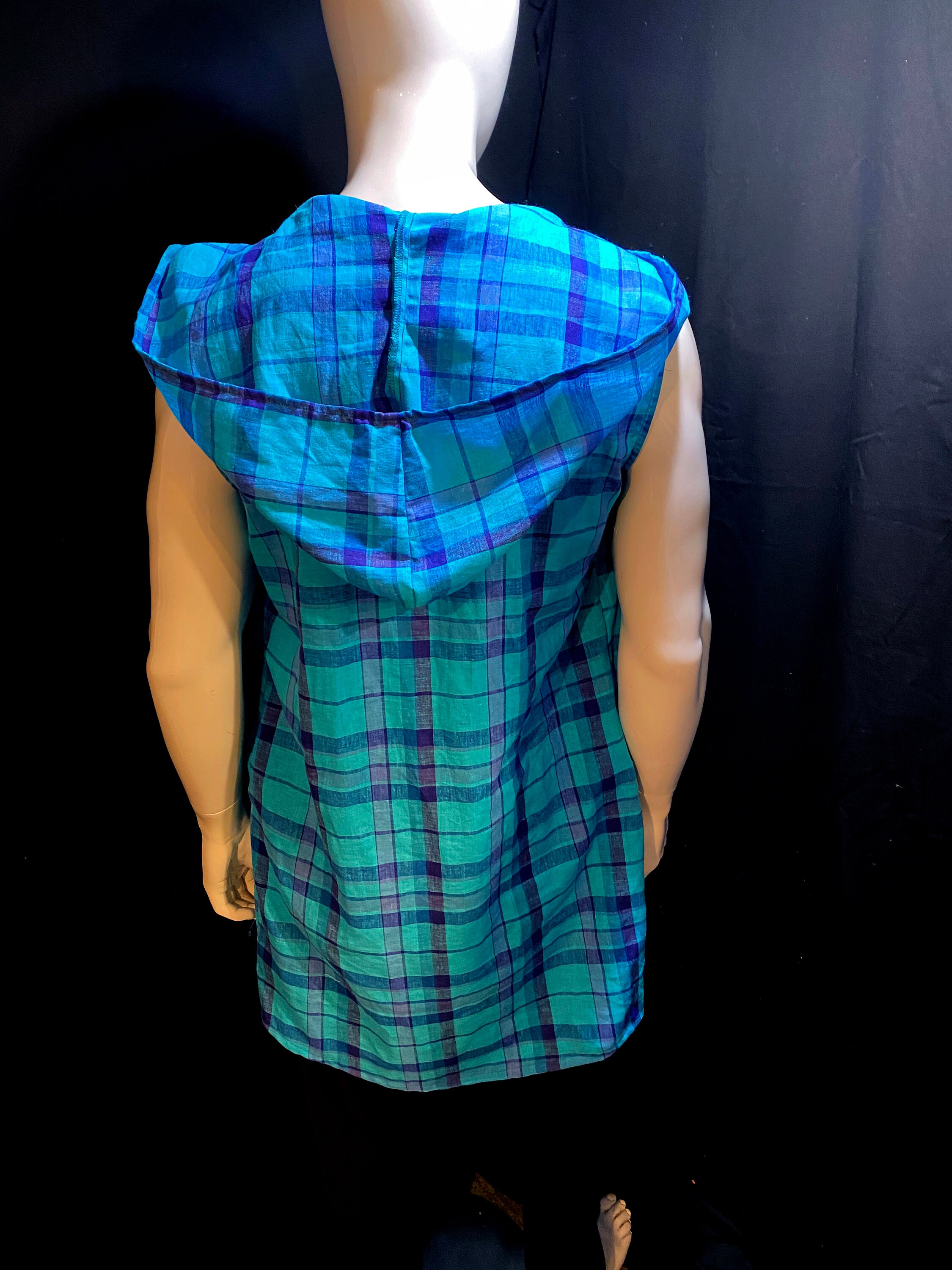 SALE! Long Hooded Linen Vest, Blue Plaid | Festival Clothing