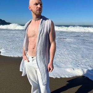 Long Hooded Linen Vest, Grey Loose Weave | Festival Clothing, Menswear, Unisex, Burning Man
