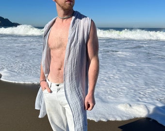 Long Hooded Linen Vest, Grey Loose Weave | Festival Clothing, Menswear, Unisex, Burning Man