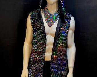 Long Hooded Vest Holographic Velvet | Festival Clothing, Menswear, Unisex, Burning Man