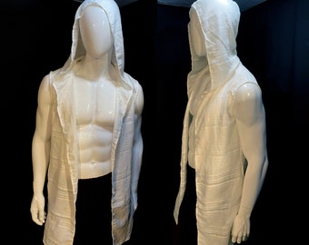 Long Hooded Vest, White Cotton/Rayon | Natural Fibers, Festival Clothing, Menswear, Unisex, Burning Man