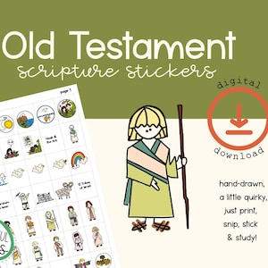 Può includere: Un foglio scaricabile digitalmente di adesivi sulle scritture dell'Antico Testamento con illustrazioni disegnate a mano di figure ed eventi biblici. Il foglio include icone circolari con scene come l'Arca di Noè, arcobaleni e vari personaggi.