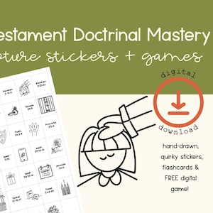 Könnte beinhalten: Ein digitales Download-Set mit Aufklebern und Spielen zur Lehrmeisterschaft des Alten Testaments. Die Grafik enthält ein Raster aus handgezeichneten Schwarz-Weiß-Symbolen mit Schriftstellenangaben, eine Hand auf einem Kopf und den Text Thoughtful Arts.