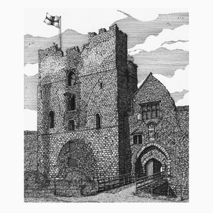 Peut inclure: Un dessin au trait en noir et blanc d'un château en pierre avec une porte et un drapeau flottant au sommet de la tour.