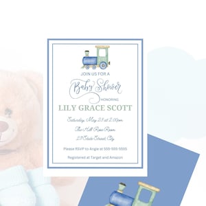 Watercolor Train Baby Shower Invitation: Blue & Green (Digital Download, Editable Template)