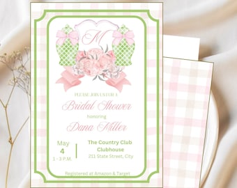 Pink Gingham Bridal Shower Invitation: Green Ginger Jars (Digital Download)