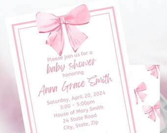 Elegant Pink Bow Baby Shower Invitation Template, Girl Baby Shower Invite / Editable Printable
