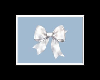 Impressão artística de parede com laço branco em azul: decoração elegante para berçário (download digital)