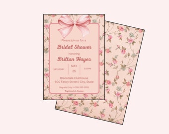 Vintage Floral Bridal Shower Invitation Template: Pink Bow (Digital Download)