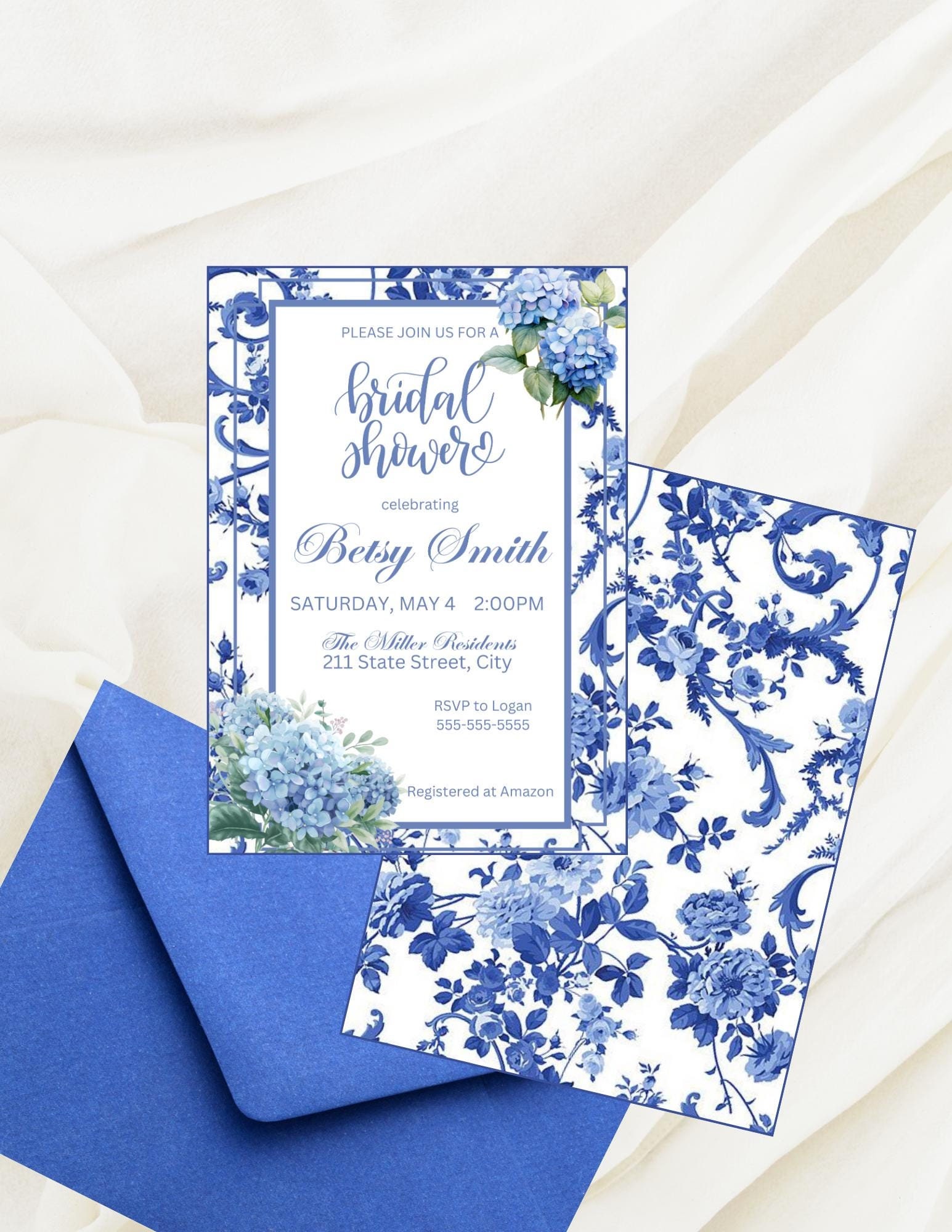 Elegant Blue Toile Hydrangea Bridal Shower Invitation - Digital Download for French-Inspired Outdoor Events