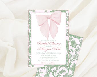 Pink Bow Bridal Shower Invitation Template: Elegant Southern Design (Digital Download)