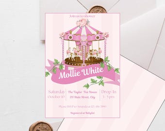 Pink Carousel Baby Shower Invitation Template / Girl Theme Park / Digital Download Invite