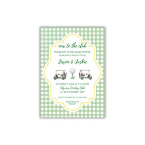 Szablon zaproszenia na baby shower w stylu golfa w kolorze zielonym Gingham | Wydrukowane zaproszenie na baby shower w stylu golfowym | Wózek golfowy | Baby shower dla chłopca lub dziewczynki