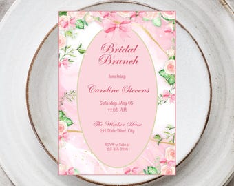 Modèle d'invitation pour le brunch de la mariée avec noeud rose (téléchargement numérique)