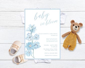 Blue Floral Baby Shower Invitation: Baby in Bloom Template Invite, Editable Printable