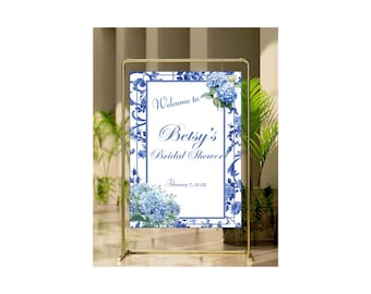 Blue Hydrangea Bridal Shower Welcome Sign Template: Elegant Printable (Digital Download)