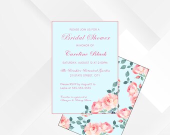 Pink Floral Bridal Shower Invitation Template / Editable Blue  Wedding Invite / Digital Download