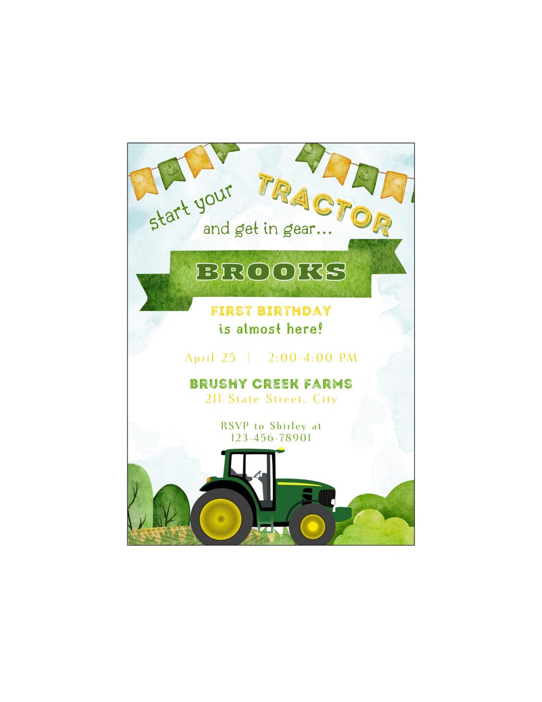 Editable Green Tractor Birthday Invitation | Farm Theme First Birthday ...