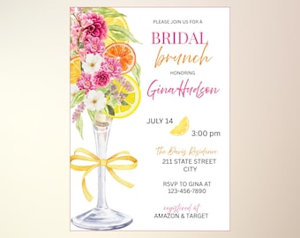 Plantilla de invitación para brunch nupcial / Diseño floral y champán / Invitación para almuerzo de novia / Fiesta de bodas
