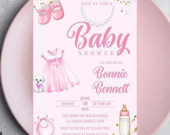Pink Baby Shower Invitation Template, Baby Girl Shower Invite, Baby Clothes, Editable Printable