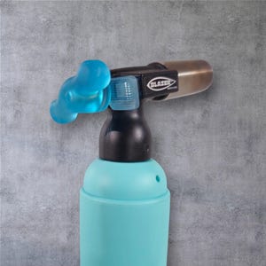 May include: A blue and black torch lighter with a silver nozzle and a blue rubberized handle. The brand name "BLAZER" is printed on the nozzle.