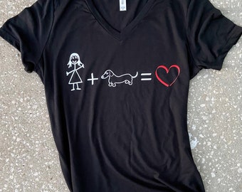 Dachshund T-Shirt Stick Figure Love Ladies V-Neck