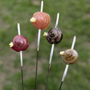 May include: Four colorful, snail-shaped lollipops on sticks. The lollipops are various shades of brown, red, and gold, with a small yellow accent. The sticks are white and black, set against a blurred green background.