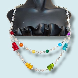 Gummy Bear Necklace, resin candy charm, rainbow jelly bear, handmade jewelry, fun gift for kids, colorful rave accessories